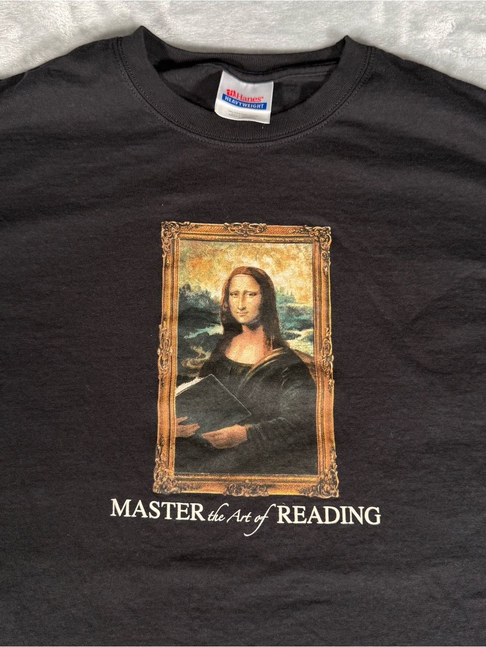 Vintage Mona Lisa Art Of Reading T Shirt Mens L Slim Fit Parody Black Y2K